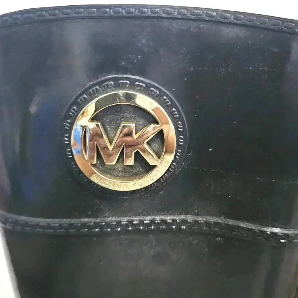 Michael Kors Fulton Black Rubber Knee High Rain Boots Gold Logo Medallion 8 - Picture 5 of 6